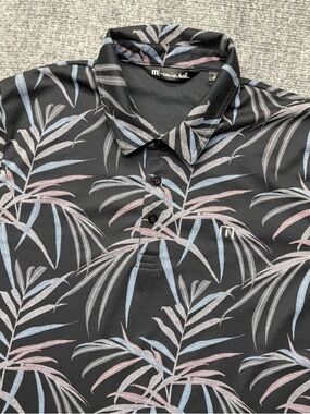 Travis Mathew Golf Polo Mens Large Black Palm Leaf Tropical Print Pima Blend